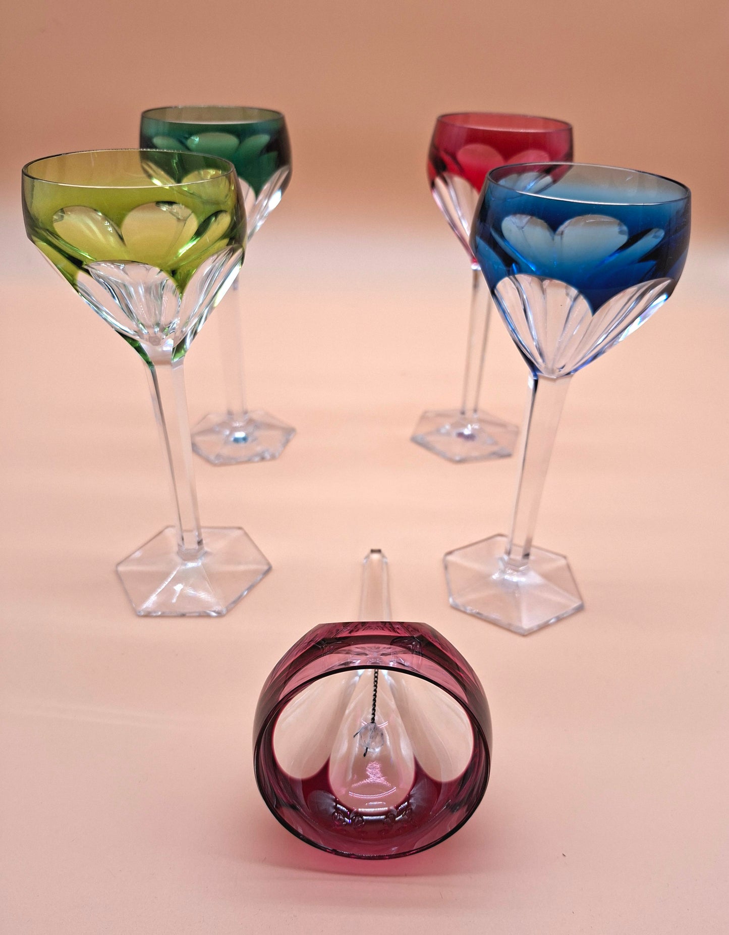 4 Val Saint Lambert 'Tilly' wijnglazen – Dubbelkleurig kristal met zeldzaam belletje
