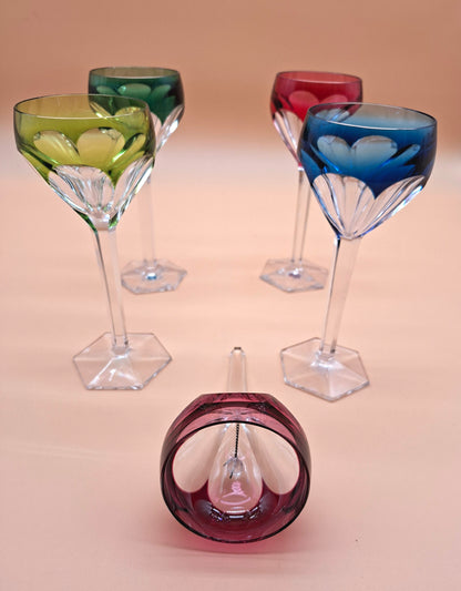4 Val Saint Lambert 'Tilly' wijnglazen – Dubbelkleurig kristal met zeldzaam belletje